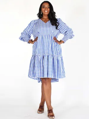 PLUS SIZE LONG SLEEVES V-NECK TIERED PLAID MIDI DRESS