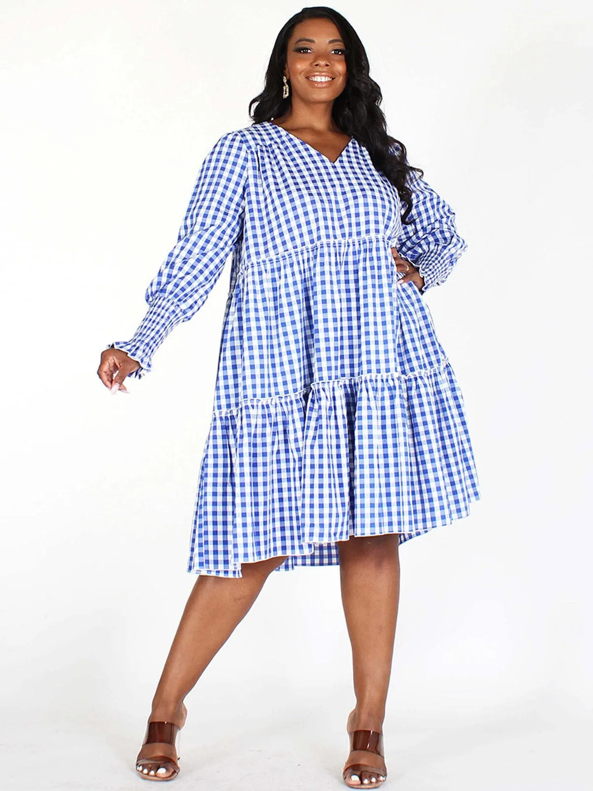 PLUS SIZE LONG SLEEVES V-NECK TIERED PLAID MIDI DRESS