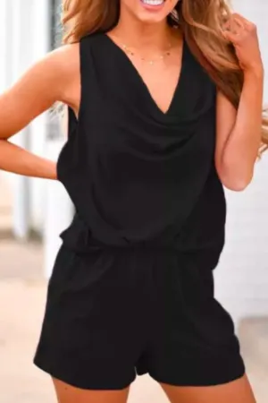 Pocket Tie Open Back  Romper In Black