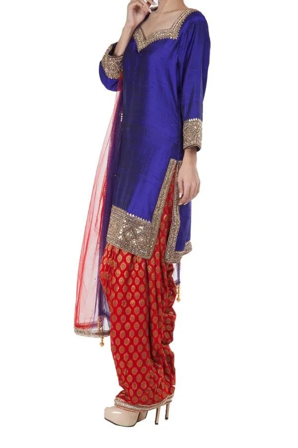Purple Color Raw Silk Punjabi Short Kurti and Salwar Suit