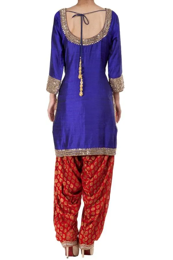 Purple Color Raw Silk Punjabi Short Kurti and Salwar Suit