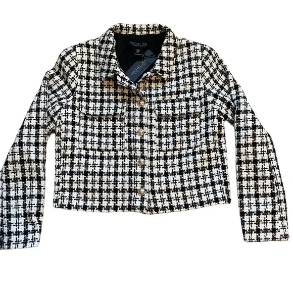 Rachel Zoe Cropped Jacket Gold Tone Buttons Plaid Black &amp; White Size M New