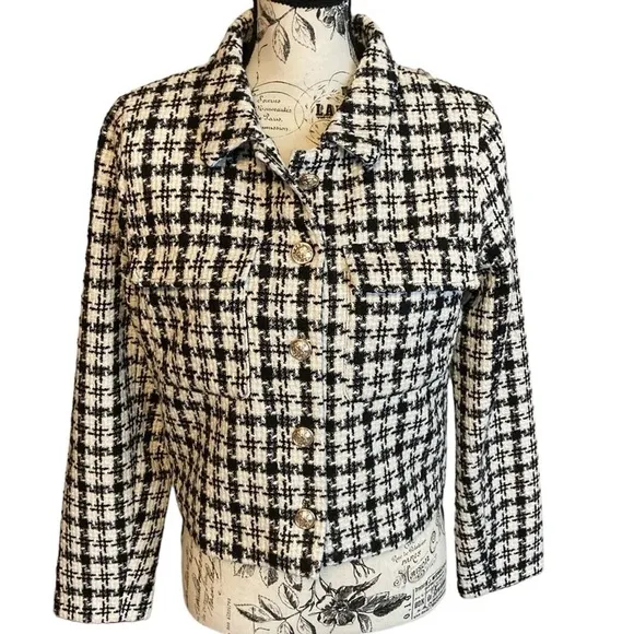 Rachel Zoe Cropped Jacket Gold Tone Buttons Plaid Black &amp; White Size M New