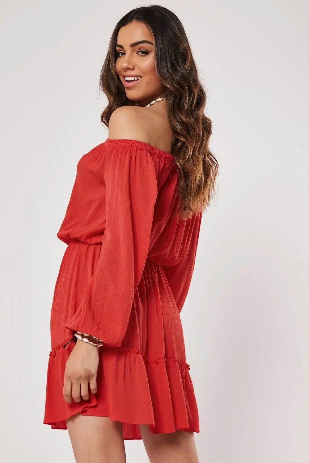 Red Off Shoulder Mini Flare Dress