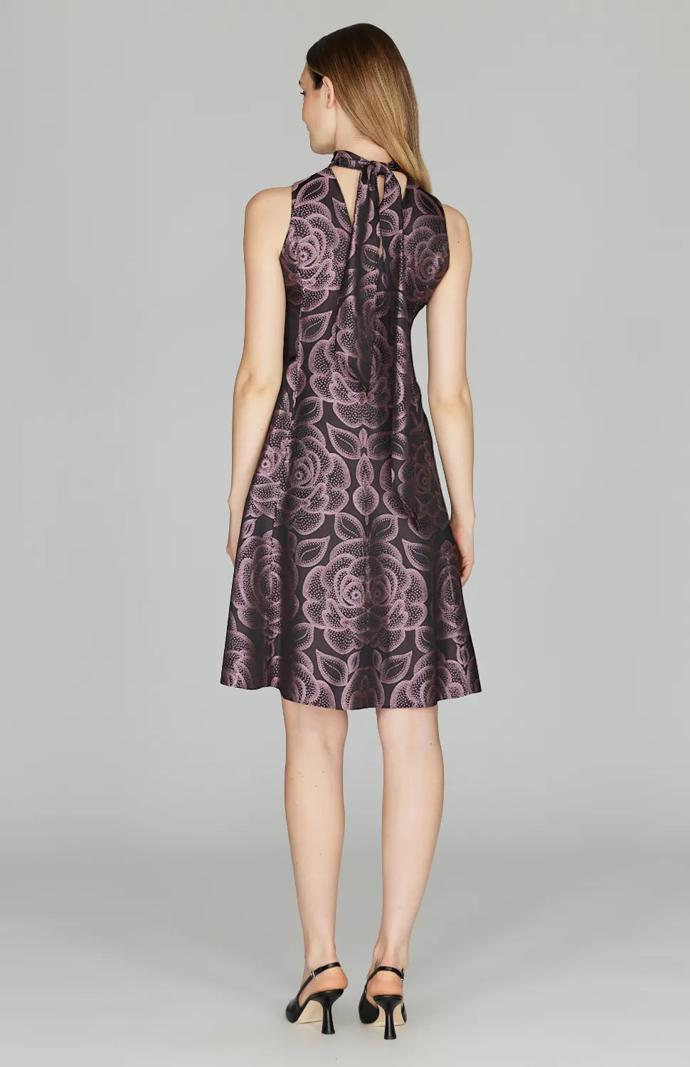 Rose Dot Jacquard Short Dress w/ Back Neck Tie