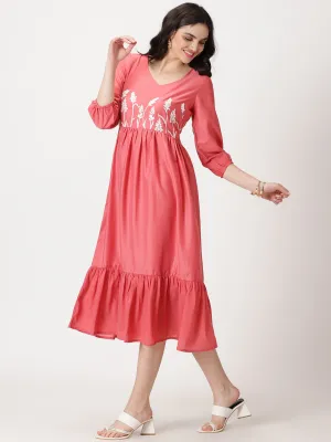 Rose Pink Poly Muslin Boho Midi Dress with Yoke Embroidery