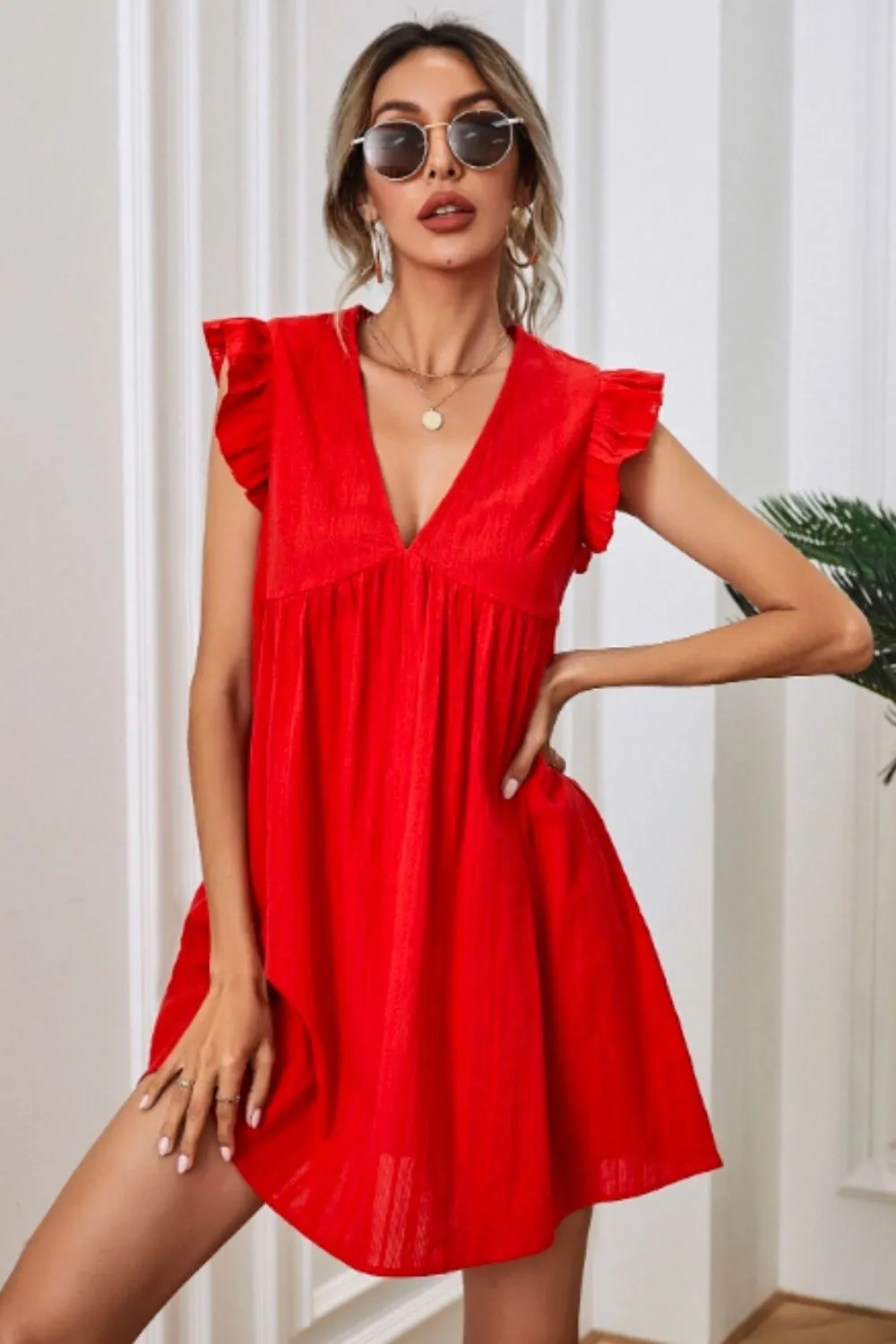 Ruffle Trim Mini Dress Red