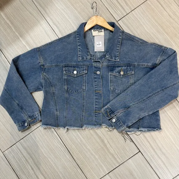 SAVANNAH JANE - Denim Cropped Rhinestone Fringe Jacket - SZ Large‎ NEW W…