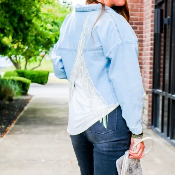 SAVANNAH JANE - Denim Cropped Rhinestone Fringe Jacket - SZ Large‎ NEW W…