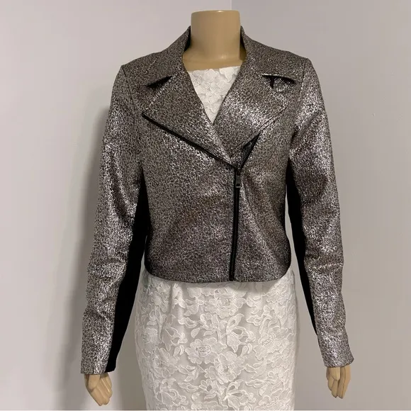 SB by Sachin Babi Cropped Moto Silver Gold Sparkled Sequin Jacket Size Medium