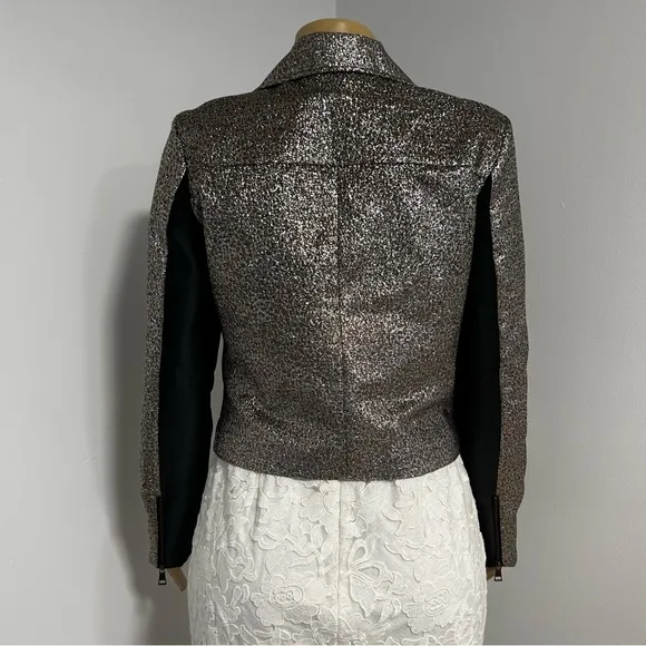 SB by Sachin Babi Cropped Moto Silver Gold Sparkled Sequin Jacket Size Medium
