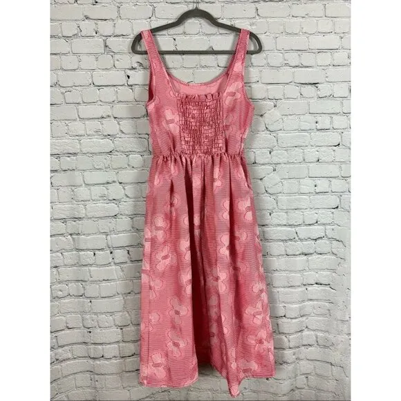 Self Contrast Penelope Smocked Midi Dress Women Size L Red Daisy Clip Sleeveless