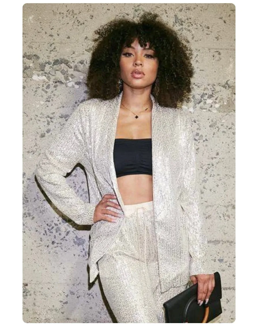 SEQUIN SHAWL COLLAR LONG SLEEVE POCKET BLAZER