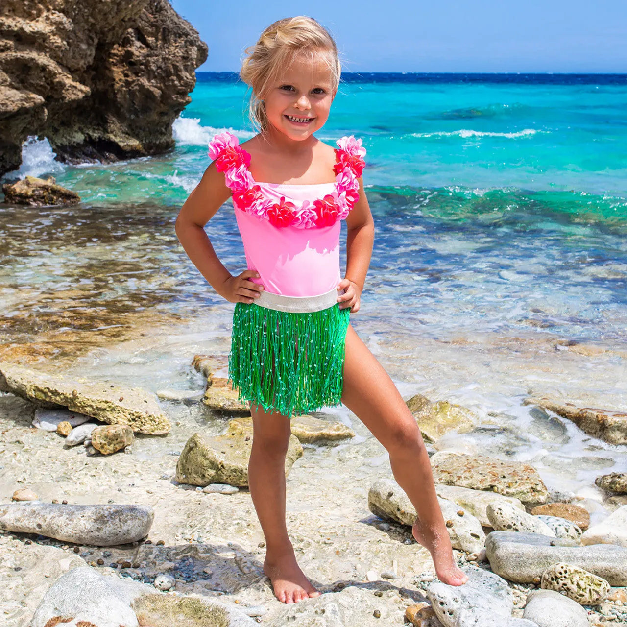 Shade Critters Light Pink Hula Lei One Piece & Fringe Skirt Swim Set