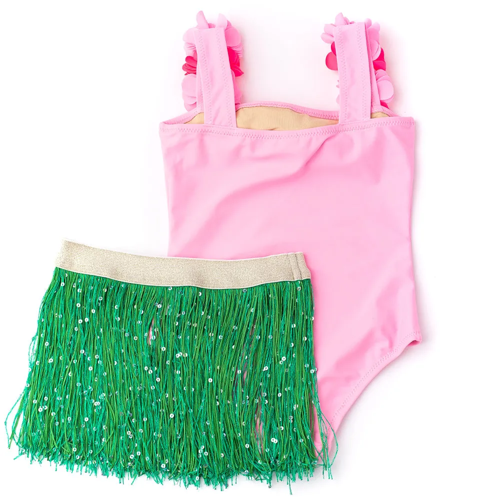 Shade Critters Light Pink Hula Lei One Piece & Fringe Skirt Swim Set