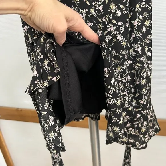 She   Sky Black Floral Ruffle Bottom Lined Mini Fit Flare A-Line Sun Dress Sz L