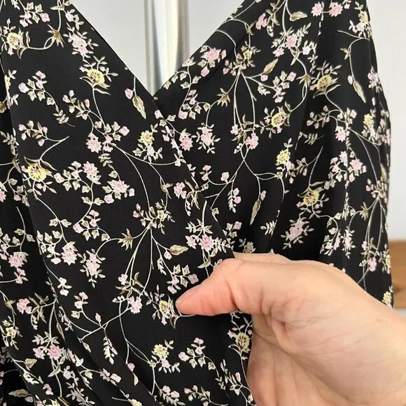 She   Sky Black Floral Ruffle Bottom Lined Mini Fit Flare A-Line Sun Dress Sz L