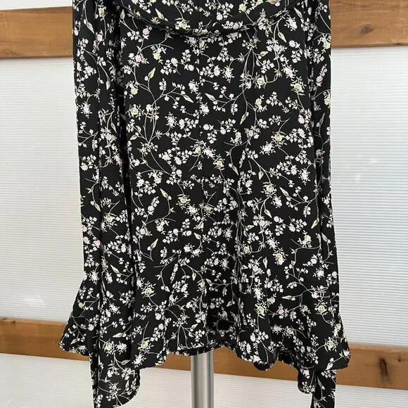 She   Sky Black Floral Ruffle Bottom Lined Mini Fit Flare A-Line Sun Dress Sz L