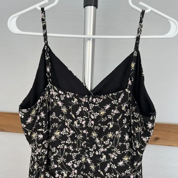 She   Sky Black Floral Ruffle Bottom Lined Mini Fit Flare A-Line Sun Dress Sz L
