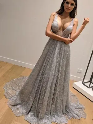 Shiny V Neck Backless Silver Grey Long Prom, Backless Silver Grey Formal Graduation Evening