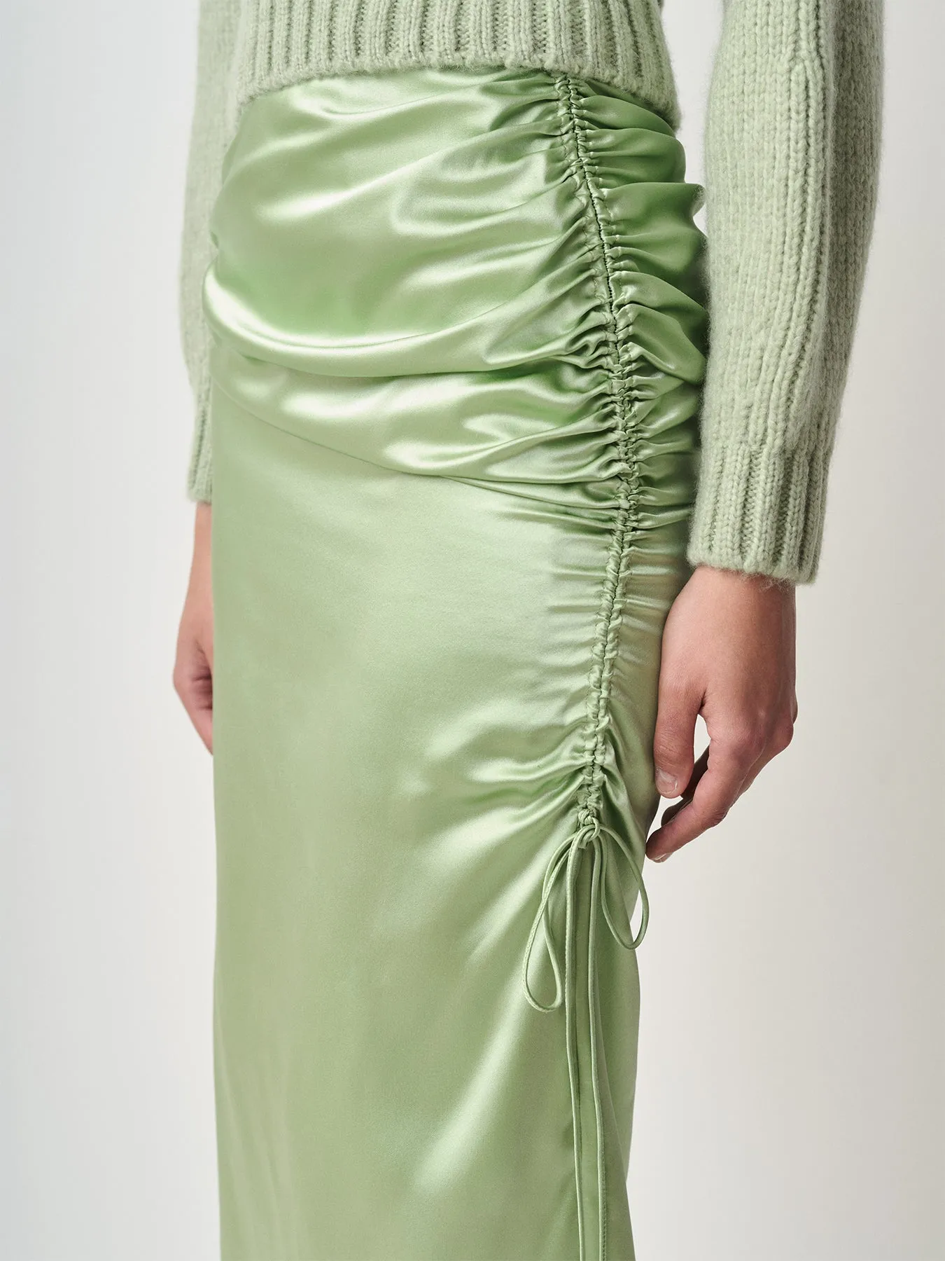 Side Ruched Silk Midi Skirt
