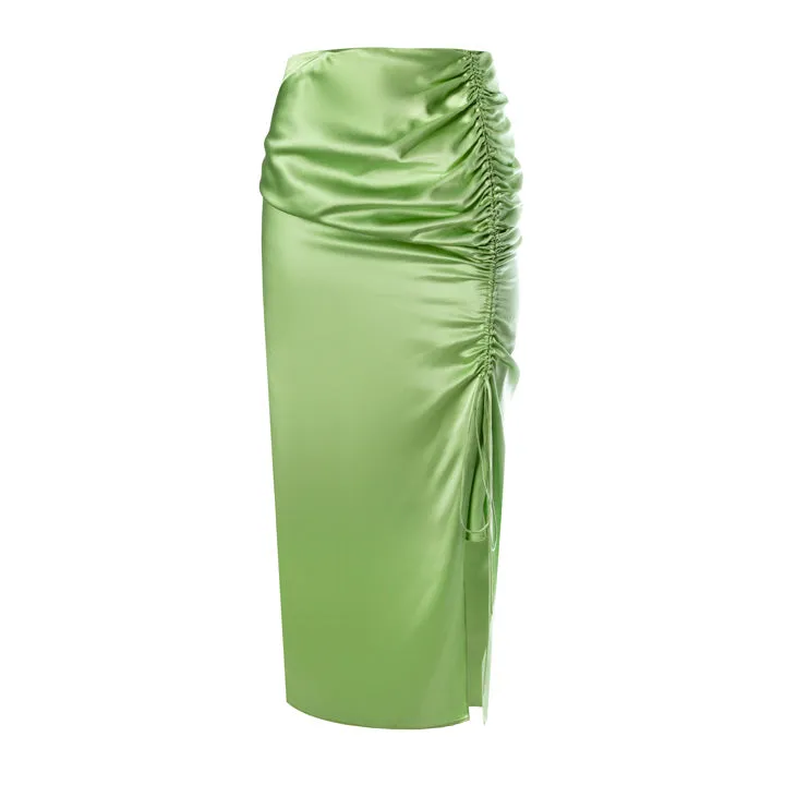 Side Ruched Silk Midi Skirt