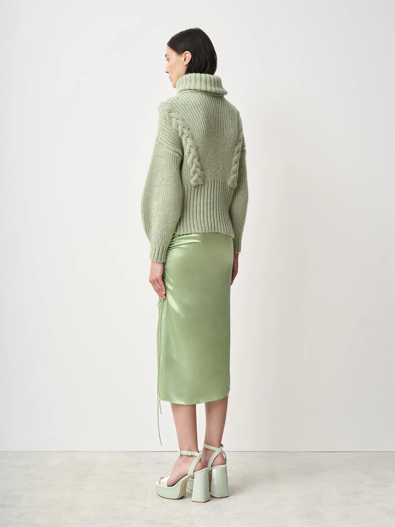 Side Ruched Silk Midi Skirt