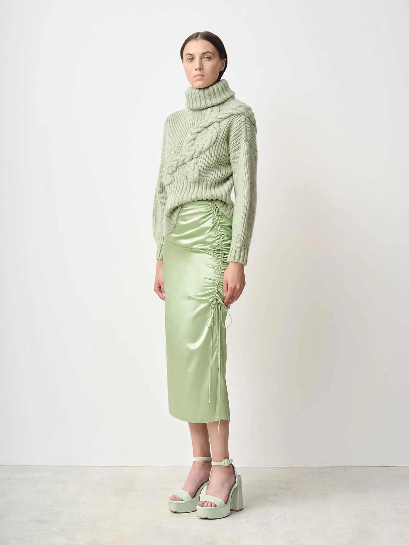Side Ruched Silk Midi Skirt