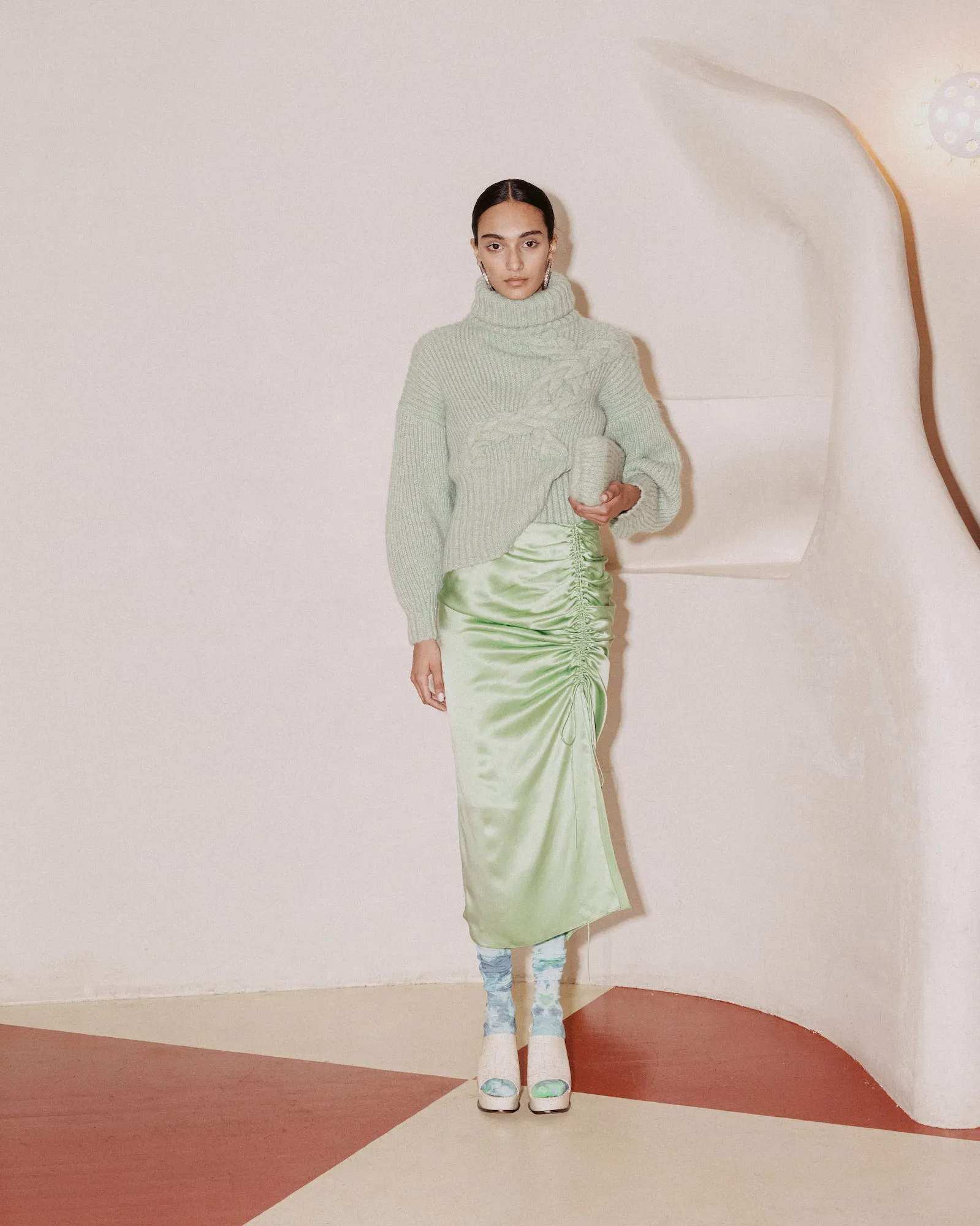 Side Ruched Silk Midi Skirt