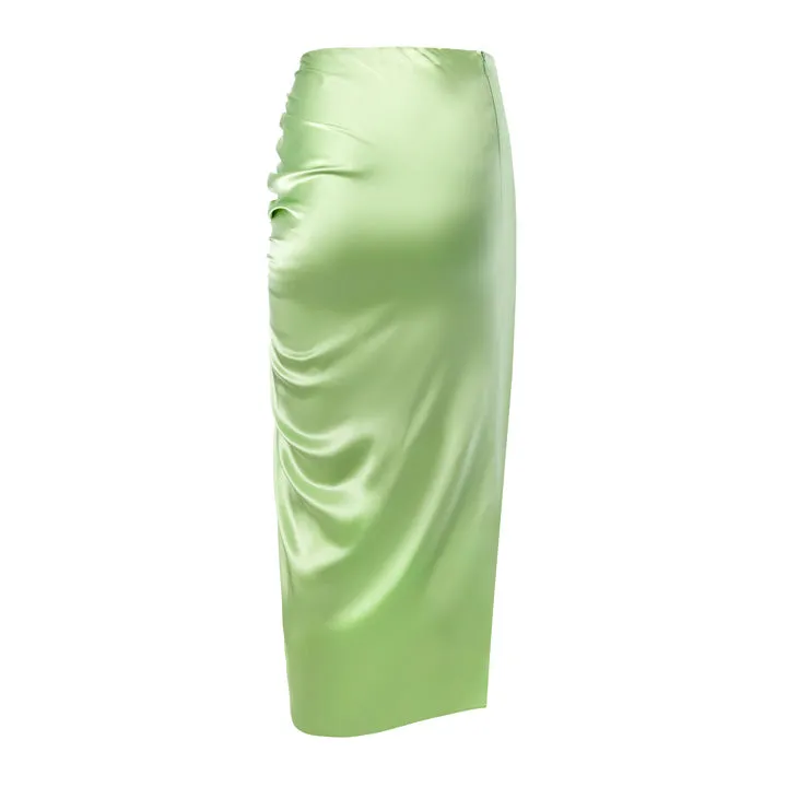 Side Ruched Silk Midi Skirt