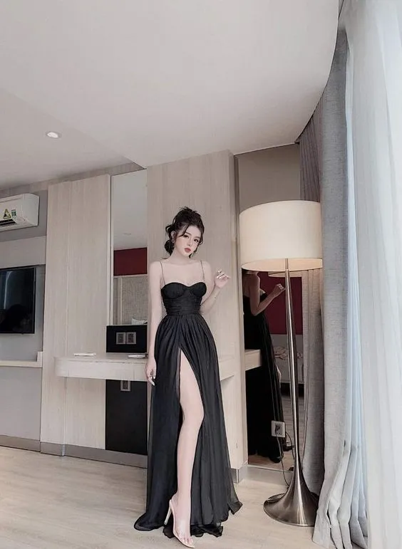 Simple black long prom dress,long evening dress      fg4856