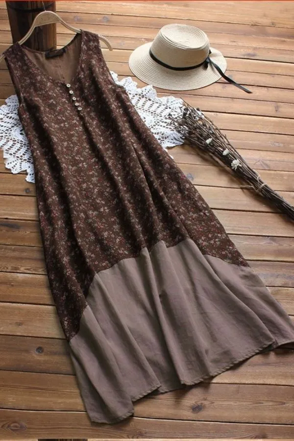 Sleeveless Printing Round Neck Midi Dress