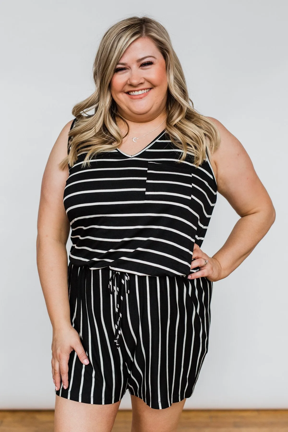 Sleeveless Striped Drawstring Romper- Black & Ivory