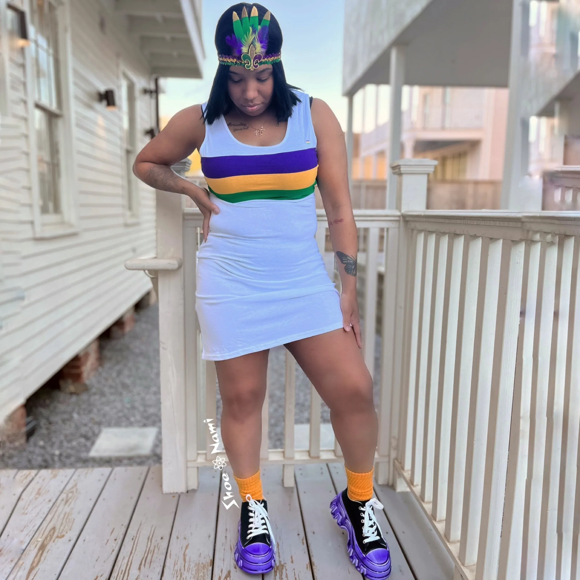 SLEEVELESS STRIPED MARDI GRAS DRESS White Multi