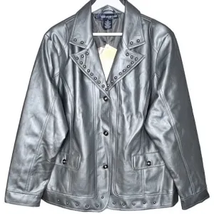 Susan Graver Studded Gunmetal Gray Rocker Moto Jacket Faux Leather‎ Size 1X