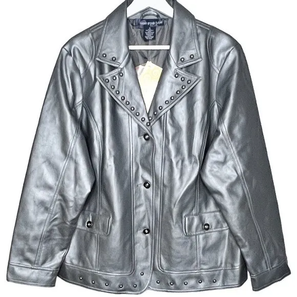 Susan Graver Studded Gunmetal Gray Rocker Moto Jacket Faux Leather‎ Size 1X