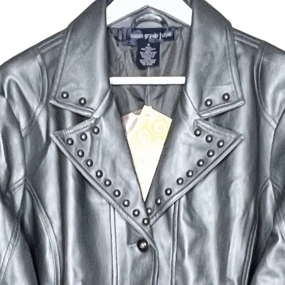 Susan Graver Studded Gunmetal Gray Rocker Moto Jacket Faux Leather‎ Size 1X