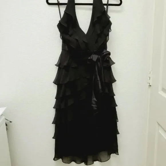 Tadashi Sleeveless Black Ruffle Halter Silk Midi Dress Size 8