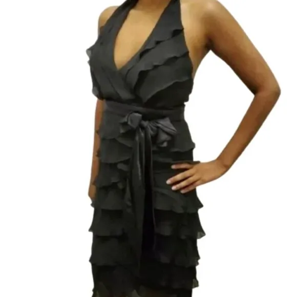 Tadashi Sleeveless Black Ruffle Halter Silk Midi Dress Size 8