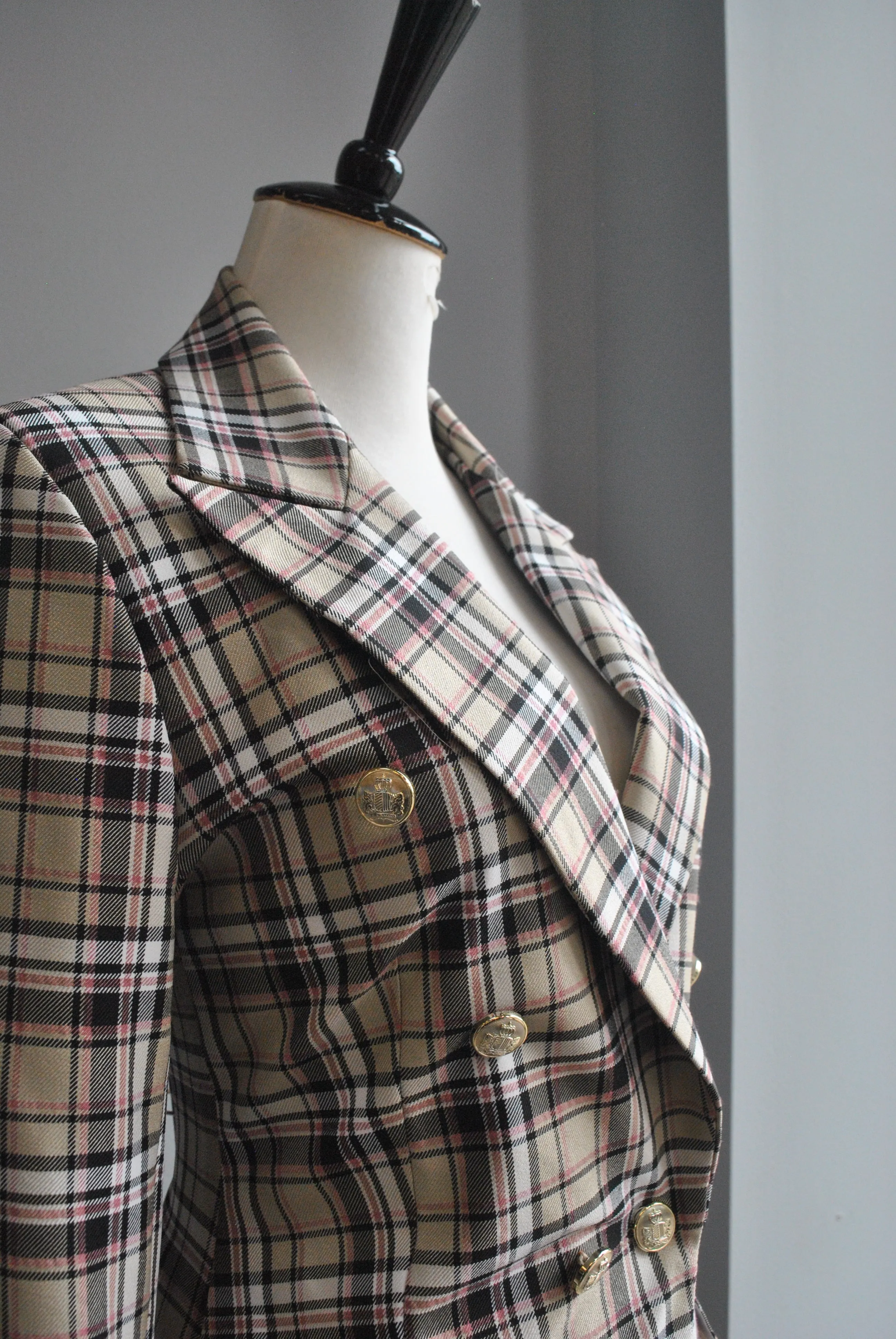 TAUPE AND PINK PLAID DOUBLE BREASTED BLAZER