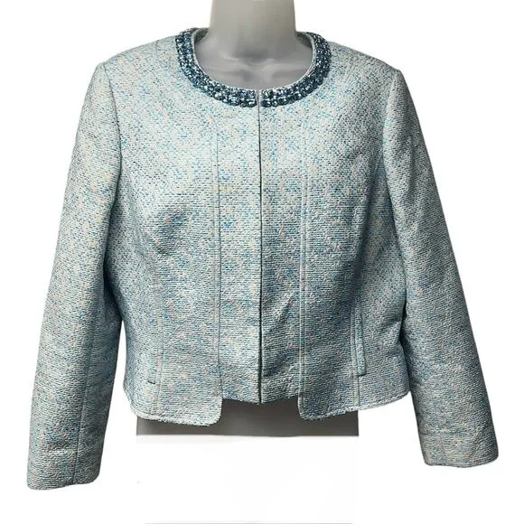 Ted Baker Light Blue Jacquard Cropped Blazer Rhinestone Embellished Neck Size 4