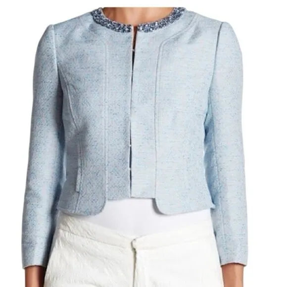 Ted Baker Light Blue Jacquard Cropped Blazer Rhinestone Embellished Neck Size 4