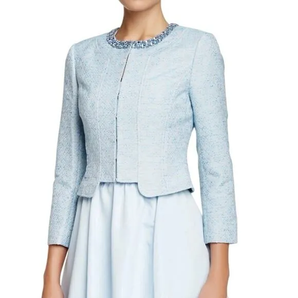 Ted Baker Light Blue Jacquard Cropped Blazer Rhinestone Embellished Neck Size 4