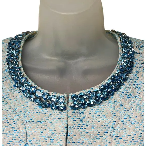 Ted Baker Light Blue Jacquard Cropped Blazer Rhinestone Embellished Neck Size 4