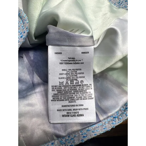 Ted Baker Light Blue Jacquard Cropped Blazer Rhinestone Embellished Neck Size 4