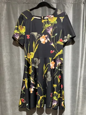 Ted Baker Short Sleeve Black and Floral Print Fit and Flare Dress