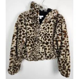 Topshop Women's Sz. 4/6 Leopard Faux Fur Front Zip Hooded Jacket