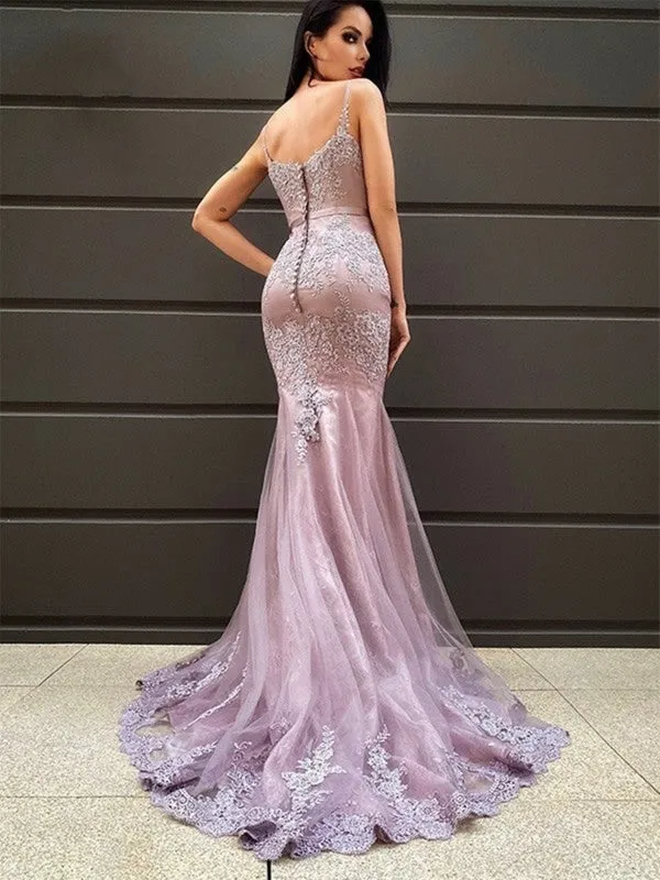 V Neck Mermaid Purple Lace Long Prom Dresses, Mermaid Purple Formal Dresses, Purple Lace Evening Dresses