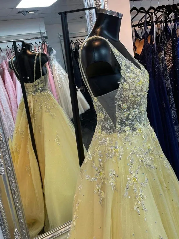 V Neck Open Back Yellow Lace Floral Long Prom Dresses, Yellow Lace Floral Formal Dresses, 3D Flowers Yellow Evening Dresses