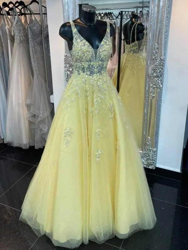V Neck Open Back Yellow Lace Floral Long Prom Dresses, Yellow Lace Floral Formal Dresses, 3D Flowers Yellow Evening Dresses